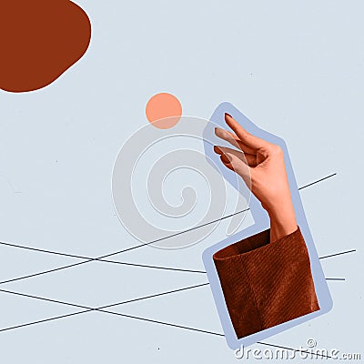 Light touch of fingers. Love and care. Contemporary art collage. Modern design work. Tender human hands. Stylish and Stock Photo