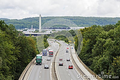 A light traffic jam with rows of cars. Traffic on the highway. Editorial Stock Photo