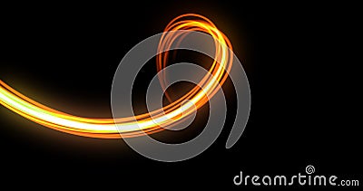 Light trail, orange neon glowing wave swirl, energy flash spiral spin trace line effect. Magic glow swirl trace path, optical Stock Photo