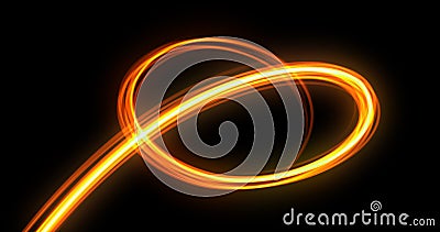 Light trail spiral, orange neon glowing wave swirl, energy flash spin trace effect. Abstract magic glow spiral line swirl trace, Stock Photo
