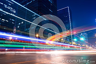 Light trails with blurred colors on the street Stock Photo
