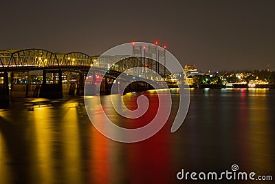 Light Trails on Columbia River Crossing Bridge Stock Photo