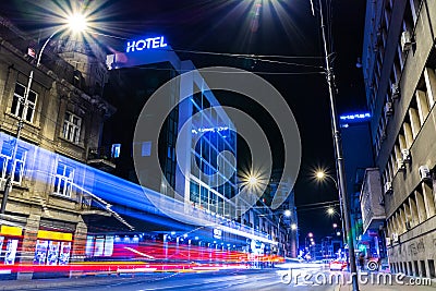 Night Symphony: Light Trails and Fast Cars in Downtown Nis, Serbia Editorial Stock Photo