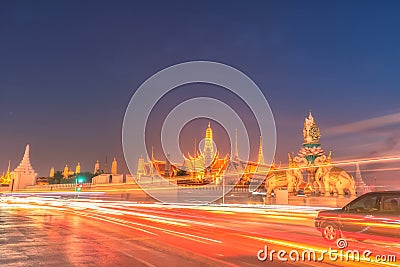 Light trails on the road and Wat phra keaw, Bangkok Thailand Stock Photo