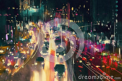 Light trails on the street at night Cartoon Illustration