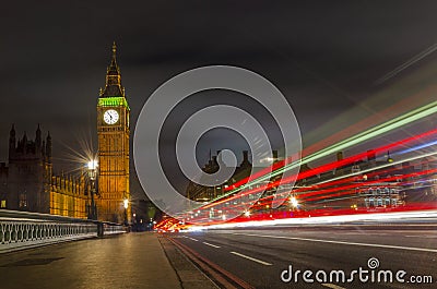 Light trails from vehicles on Westminister bridge, London Editorial Stock Photo