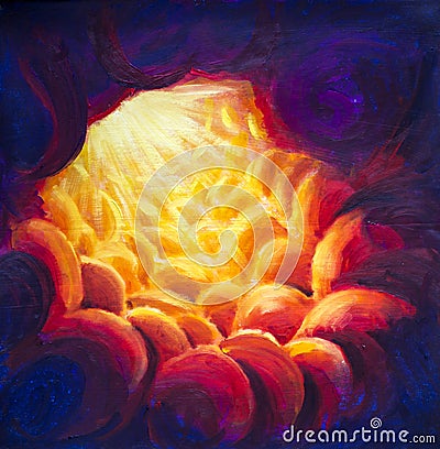 Light in tunnel, entrance to heaven, fire, entrance to hell original painting abstract art Stock Photo