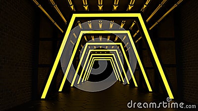 Light in the tunnel. Yellow Neon In Room. Neon 3D Render Dark background Stock Photo