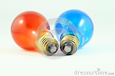 Light up Close up of a red and a blue lightbulb, photographic effects on a all white background Stock Photo