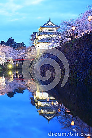 Light up of Hirosaki castle and cherry blossoms Stock Photo