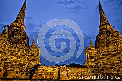 Light up of Wat Phara Si Sanphet temple in Ayutaya Thailand Stock Photo