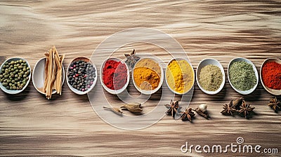 Light vibrant colors, put the spices on the table and add more spoons and make the background look smooth, generative ai Stock Photo