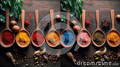 Light vibrant colors, put the spices on the table and add more spoons and make the background look smooth, Generative AI Stock Photo