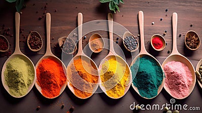 Light vibrant colors, put the spices on the table and add more spoons and make the background look smooth, Generative AI Stock Photo