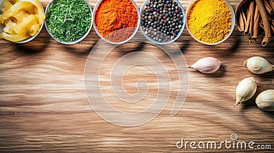Light vibrant colors, put the spices on the table and add more spoons and make the background look smooth, generative ai Stock Photo