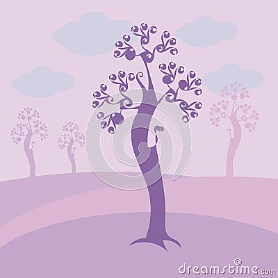 Light violet with curls tree with blue clouds, purple meadows and trees on a background Vector Illustration