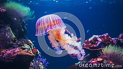 Light violet jellyfish underwater photography. Close up tentacles wild nature aquarium translucent dangerous poison Stock Photo