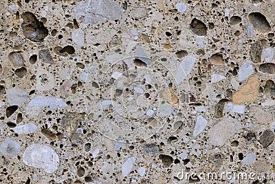 light wall, slab of sawn shell rock with fine seamless texture of pebbles, pits, part of building, beautiful vintage texture, Stock Photo