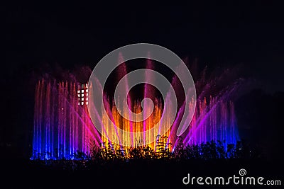Light and water show on Fountain in the Night, Planten un Blomen, Hamburg, Germany Stock Photo