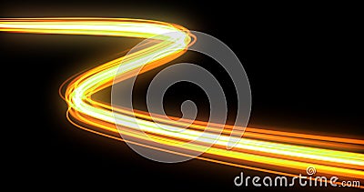 Light wave with trail path, orange neon glowing flash trace. Car lights trace effect, optic fiber glow and magic bright light in Stock Photo