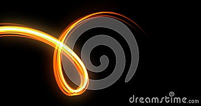 Light wave twirl, neon glow spiral spin trail, light trace effect on black background. Orange yellow golden light flash glow, Stock Photo