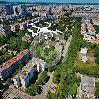 Light weight drone with four propellers flying under city. Military technology, buildings, civilian town, blue summer Stock Photo