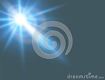 Light is white and blue, with a yellow halo with transparent rays. Flash, explosion or glowing star. Vector Illustration