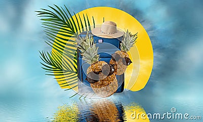 Light wicker summer hat and shells. Summer background for travel. Isolated background. Cartoon Illustration