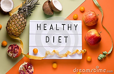 healthy diet next to different fruits Stock Photo