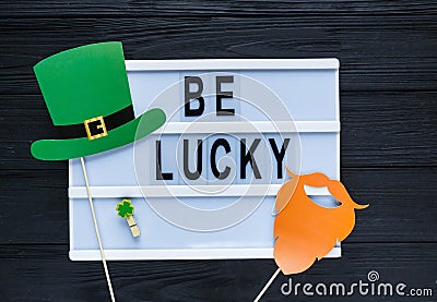 Lightbox with title Happy St Patricks Day on green background. Creative background to St. Patricks Day. Flat lay composition Stock Photo