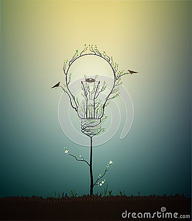 Lightbulb created from the leaves and looks like spring tree growing on soil with birds and nest, green energy concept, Vector Illustration