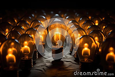 lightbulb glowing amongst other switched-off bulbs Stock Photo