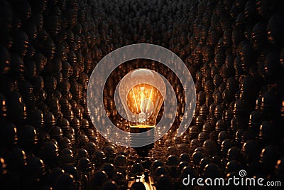 lightbulb glowing amongst other switched-off bulbs Stock Photo