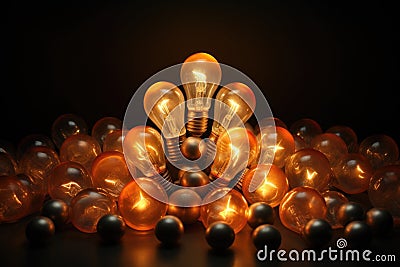 lightbulb glowing amongst other switched-off bulbs Stock Photo