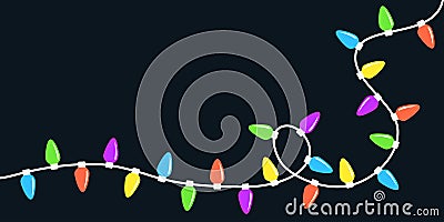 Lightbulb glowing garland line. Christmas lights set. Colorful string fairy light corner. Cartoon holiday festive xmas decoration Vector Illustration