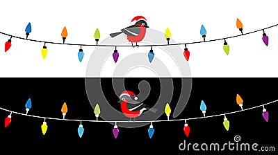 Lightbulb glowing garland set. Bullfinch bird in red Santa hat. Christmas lights. Colorful string fairy light set. Cone shape. Vector Illustration