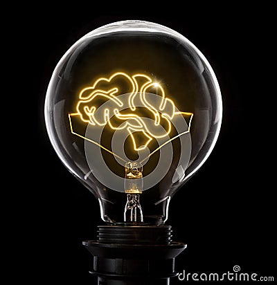 Lightbulb with a glowing wire in the shape of a brain series Stock Photo