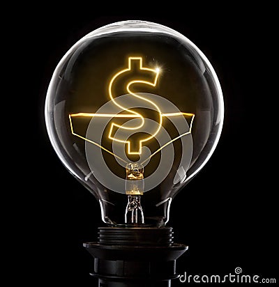 Lightbulb with a glowing wire in the shape of a Dollar symbol s Stock Photo