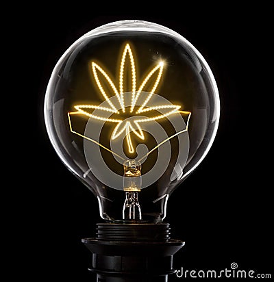 Lightbulb with a glowing wire in the shape of a weed leaf serie Stock Photo