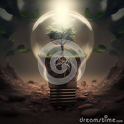 the lightbulb has a tree inside it environment and Earthday concept. Stock Photo