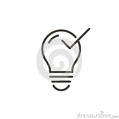 Lightbulb .lamp with a positive checkmark tick on it. Vector thin line icon for concepts of smart ideas, brainstorming, problem Vector Illustration