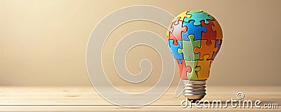 Lightbulb made of colorful puzzle pieces creative idea as solution for complex problem. Artistic brain teaser visualisation. Stock Photo