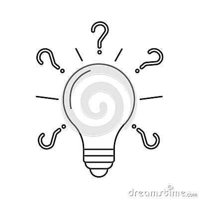 Lightbulb with question marks. Vector thin line icon graphic drawing illustration. Concepts of problem solving, searching for Vector Illustration