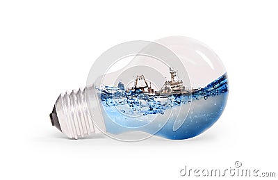 Lightbulb with water and a sinking ship inside Stock Photo