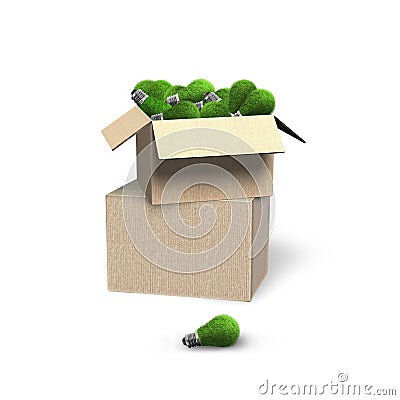 Lightbulbs with green grass in the opened cardboard box, on white background, concept of ECO and green energy, 3D illustration Cartoon Illustration