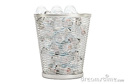 Lightbulbs inside metallic garbage bin, 3D rendering Stock Photo