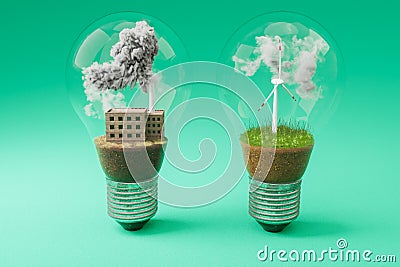 lightbulbs with minature wind turbine and coal-fired power station inside green soil and clouds pollution and smoke renewable Stock Photo