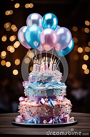 a lighted birthday cake with balloons sitting on top Stock Photo