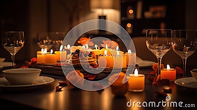 Lighted candles stand on the festive served dinner table, generative ai Stock Photo