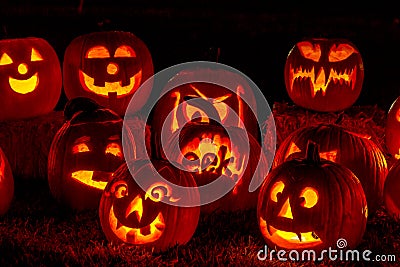 Lighted Halloween Pumpkins with Candles Stock Photo